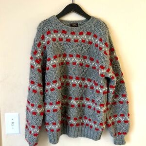 VINTAGE Thane 100% WOOL Pullover Sweater Coastal Grandpa Gray Red White Size M